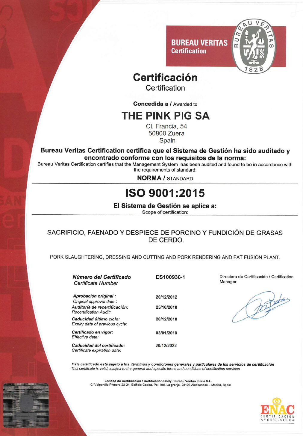 The Pink Pig S.A Certificate