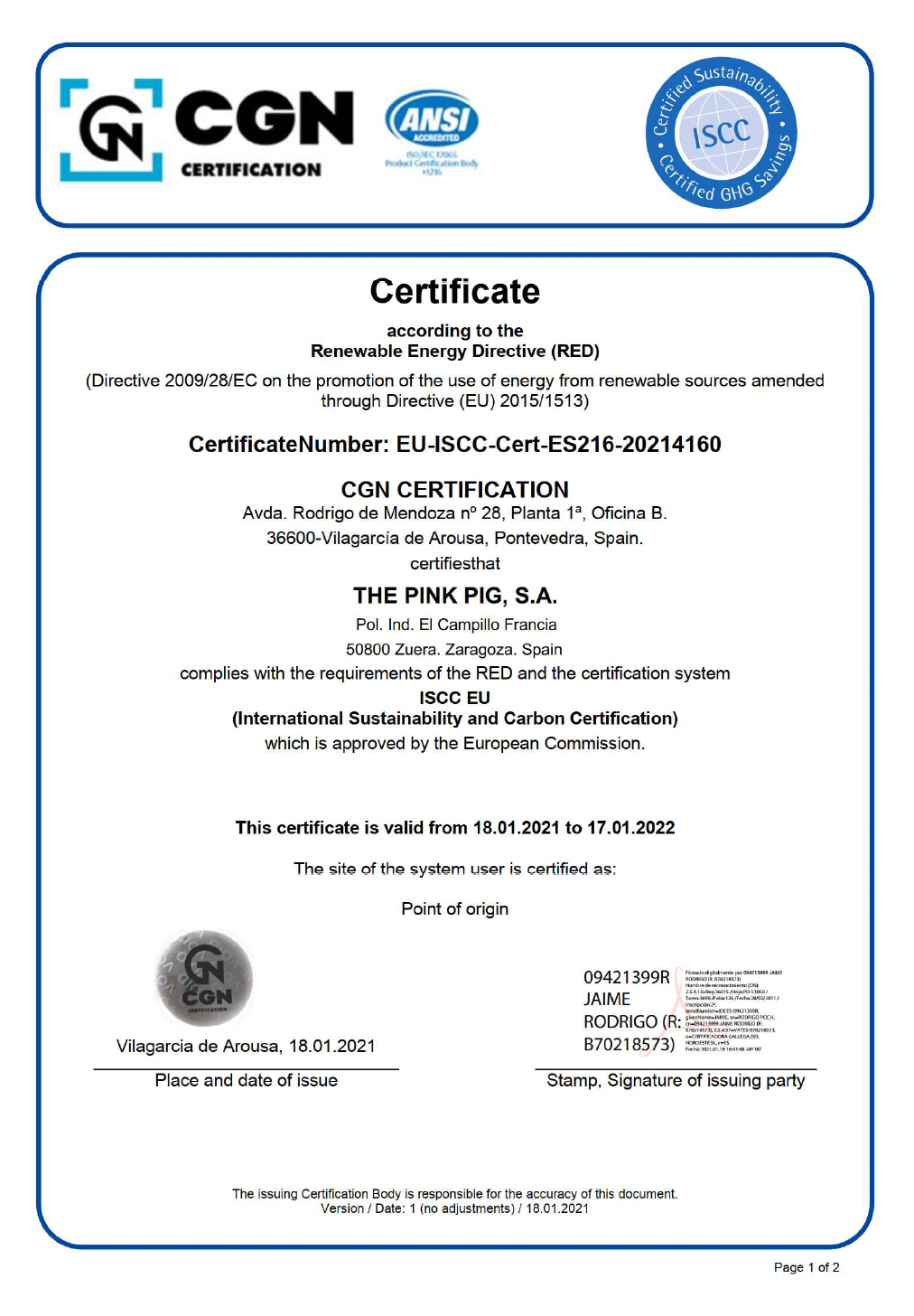 The Pink Pig S.A Certificate
