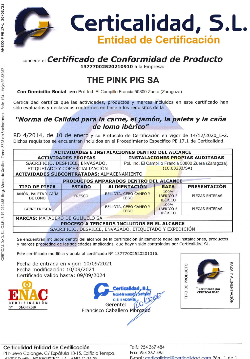 The Pink Pig S.A Certificate