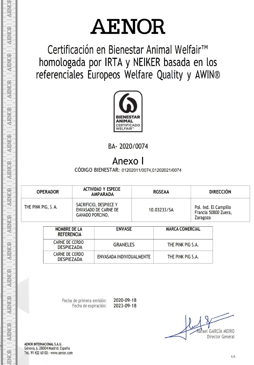 The Pink Pig S.A Certificate